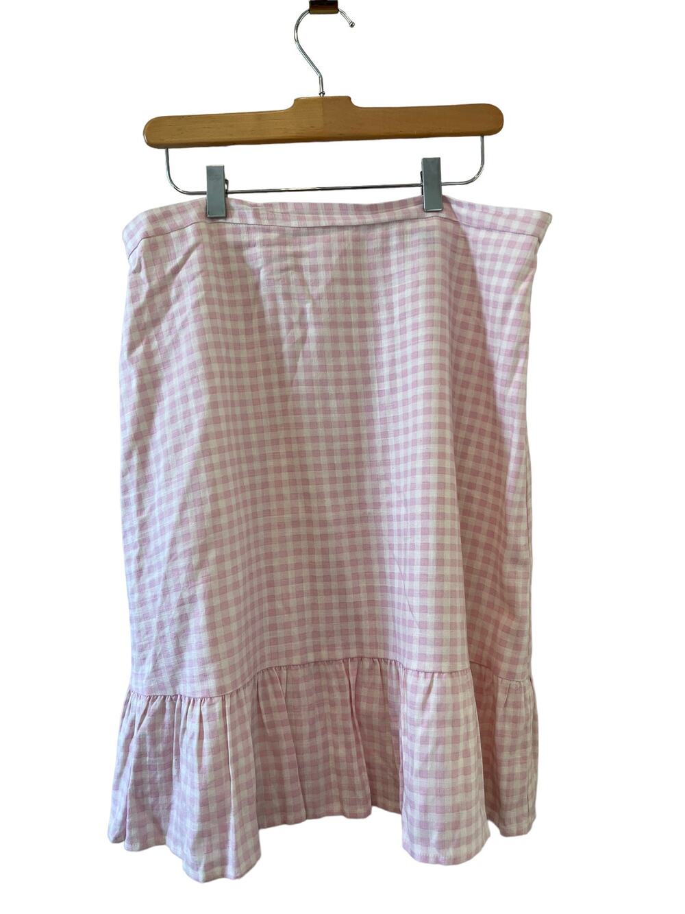 Draper James Gingham check linen ruffle hem skirt pink and white 14